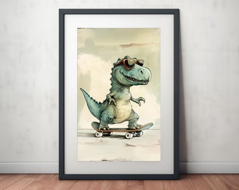 Digital Print of Dinosaur Skateboarding. Printable Wall Art Poster for any Classroom, Playroom, Nursery or Home Decor. Great gift for Kids