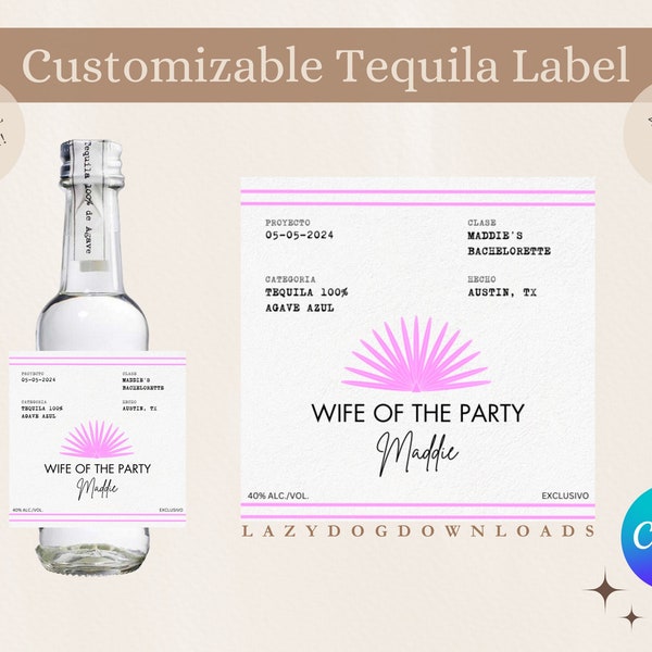 Printable Customizable Casamigos Label - Canva, Tequila label, Wife of the Party, Bachelorette Party Favor, DIY Bach, 50mL, 375mL, 750mL, 1L