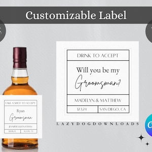 Etichetta alcolica per proposta dello sposo dello sposo personalizzabile, tela, regalo di whisky per lo sposo, testimone dello sposo/uomo d’onore/usciere/regalo di nozze- 50 ml/375 ml/750 ml/1 litro