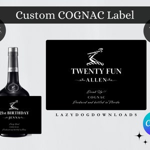 Etiqueta negra de coñac personalizable -Canva, etiqueta de coñac personalizada imprimible, fiesta de cumpleaños número 21, favor de despedida de soltera, 50 ml/375 ml/750 ml/1 l