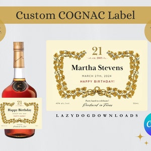 Customizable Cognac Label Canva, Printable Personalized Cognac Label, 21st Birthday Party, Bachelorette Favor, 50mL/375mL/750mL/1L image 1