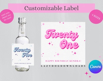 Printable Customizable Retro Inspired Alcohol Label -Canva, 21st Birthday Party, Liquor Label, Bachelorette Party Favor, 50mL/375mL/750mL/1L