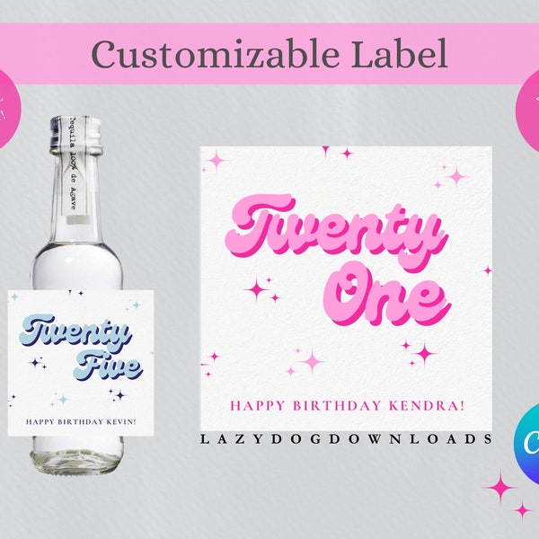 Printable Customizable Retro Inspired Alcohol Label -Canva, 21st Birthday Party, Liquor Label, Bachelorette Party Favor, 50mL/375mL/750mL/1L