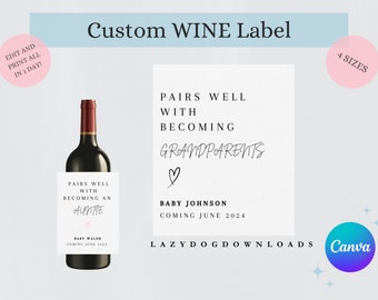 Customizable Pregnancy Announcement Wine Label - Canva - Pregnancy Announcement/Grandparent Gift/Auntie Gift/Gender Reveal/Baby Shower