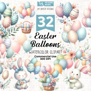 32 Osterballon Clipart-Set - hochauflösende Frühling Aquarell Clip Art PNG Dateien für Kartenherstellung, Papierhandwerk, Sublimation, Aufkleber