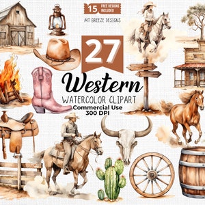 Western Aquarell Clipart Set - hochauflösende Cowboy, Pferd, Cowgirl Clip Art PNG Dateien für Sublimation, T-Shirts, Papierbasteln, Karten