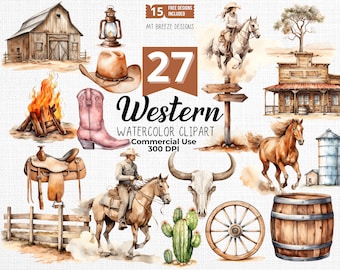 Western Watercolor Clipart Set - High Resolution Cowboy, Horse, Cowgirl Clip Art PNG files for sublimation, t-shirts, paper crafting, cards