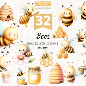 32 Bijen Clipart Set - Schattige bijenkorf en honingkam clip art PNG-bestanden voor kinderen zomer papier ambachten, babyshower, kinderdagverblijf inrichting, sublimatie