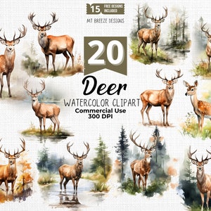Ensemble de cliparts aquarelle cerf, fichiers PNG haute résolution cerf des bois et mâle chasse pour la fabrication de cartes, travaux manuels en papier, sublimation