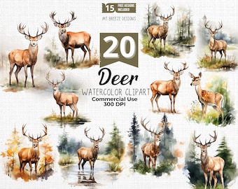 Set di clipart acquerello cervo, file PNG ad alta risoluzione per la caccia al cervo del bosco e al cervo per la creazione di cartoline, lavori di carta, sublimazione