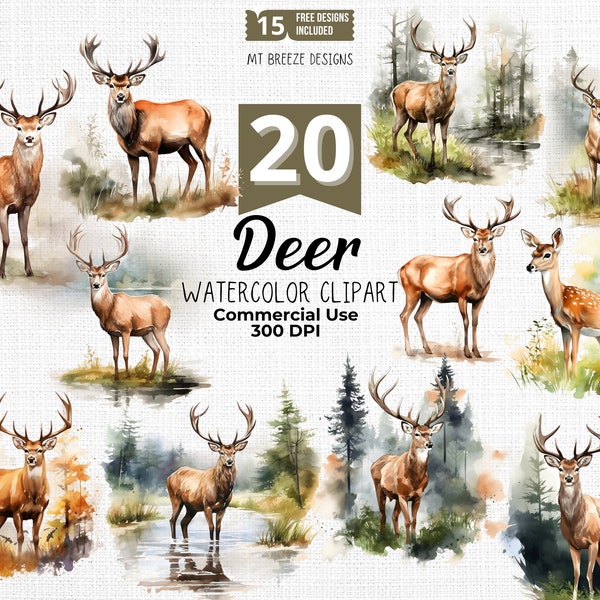 Deer Watercolor Clipart Set, High Resolution Woodland Deer and Buck Hunting PNG files for card making, paper crafts, sublimation