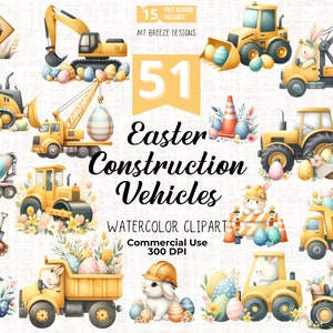 51 Conjunto de imágenes prediseñadas de vehículos de construcción de Pascua - Excavadora de primavera, Bunny Tractor Clip Art Archivos PNG para la fabricación de tarjetas, artesanías de papel, sublimación