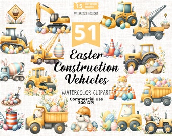 May include: 51 watercolor clipart illustrations of Easter construction vehicles.  The illustrations feature yellow construction vehicles decorated with Easter eggs, bunnies, and flowers.  The text "Easter Construction Vehicles" is included in the image.