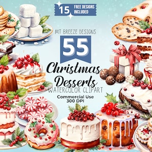 Set di clipart ad acquerello di 55 dessert di Natale, file PNG di clipart di torte invernali ad alta risoluzione per creazione di carte, artigianato con la carta, sublimazione