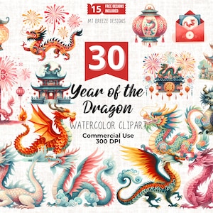 30 Jahr des Drachen Clipart Set - hochauflösende Dragon Lunar New Year Clip Art PNG Dateien für die Kartenherstellung, Sublimation und Papierhandwerk