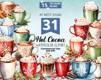 31 Christmas Hot Cocoa Watercolor Clipart Set - High Resolution Winter Hot Chocolate Clip Art PNG files for junk journal, sublimation images