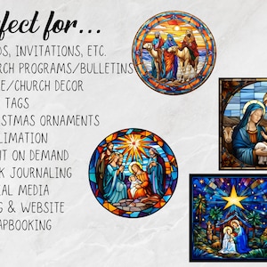 May include: Four stained glass images depicting scenes from the Nativity story. The images are circular and square in shape and feature vibrant colors, including red, blue, yellow, and green. The images are set against a white background.