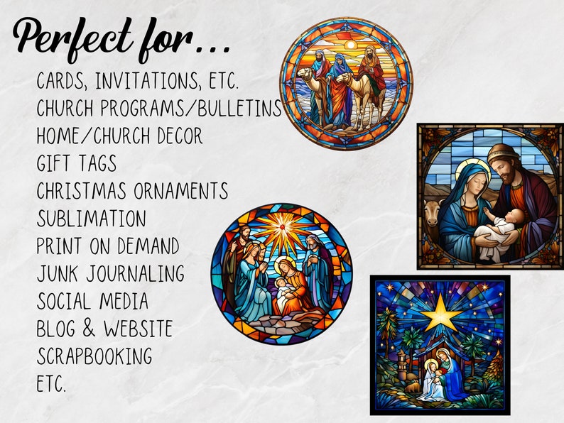 May include: Four stained glass images depicting scenes from the Nativity story. The images are circular and square in shape and feature vibrant colors, including red, blue, yellow, and green. The images are set against a white background.