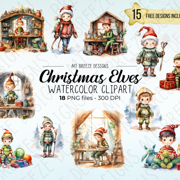 Christmas Elf Watercolor Clipart Set - High Resolution Winter Holiday Clip Art PNG files w/ Elves & North Pole Workshop, sublimation images