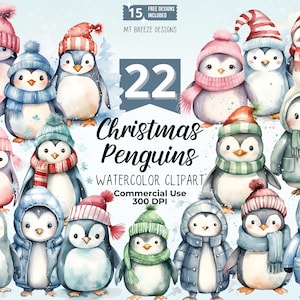 Conjunto de imágenes prediseñadas de 22 pingüinos navideños, archivos PNG de imágenes prediseñadas de pingüinos de vacaciones de invierno de alta resolución para fabricación de tarjetas, manualidades de papel, sublimación
