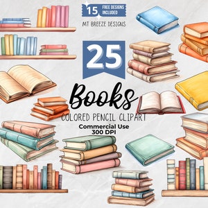 Conjunto de imágenes prediseñadas de libros: 25 archivos PNG de imágenes prediseñadas de libros y estanterías de lápices de colores de alta resolución para creación de tarjetas, manualidades con papel y sublimación