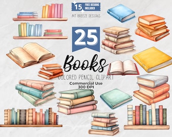Set di clipart libri, 25 file PNG ad alta risoluzione per libri con matite colorate e clip art da scaffale per creazione di cartoline, artigianato con la carta e sublimazione