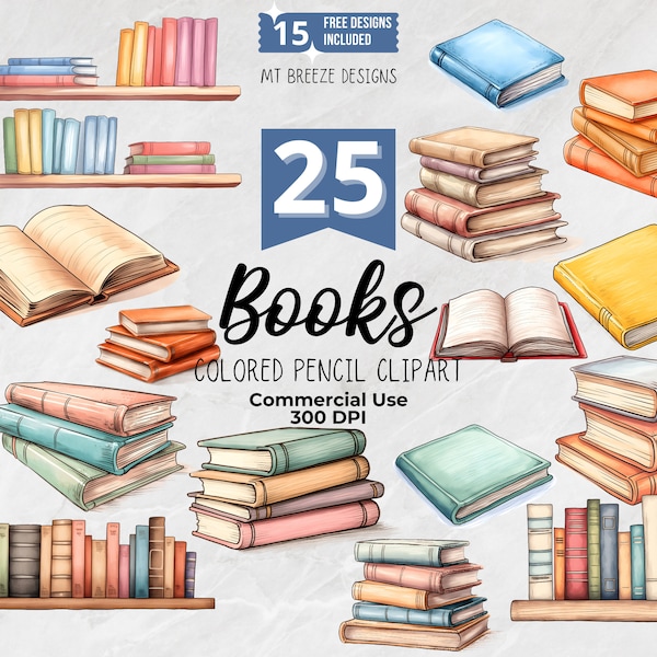 Books Clipart Set - 25 High Resolution Colored Pencil Book and Bookshelf Clip Art PNG files for card-making, paper crafts, and sublimation