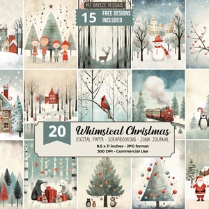 20 Conjunto de papel digital caprichoso de Natal, fundo de férias de Natal, download de Junk Journal JPG, papel de álbum de recortes de inverno, carta dos EUA vertical