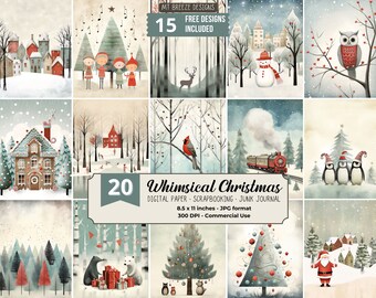20 Whimsical Christmas Digital Paper Set, Xmas Holiday Background, Download Junk Journal JPG, Winter Scrapbook Paper, US Letter Vertical