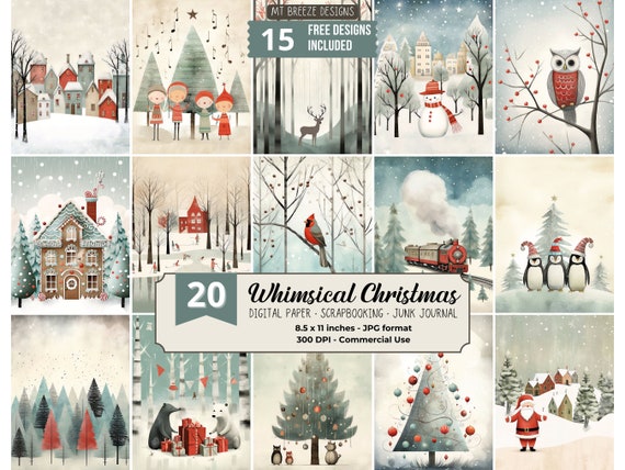 20 Whimsical Christmas Digital Paper Set, Xmas Holiday Background, Download Junk Journal JPG, Winter Scrapbook Paper, US Letter Vertical