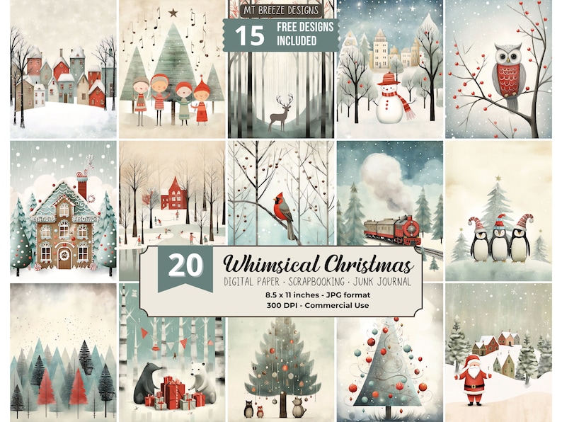 20 Whimsical Christmas Digital Paper Set, Xmas Holiday Background, Download Junk Journal JPG, Winter Scrapbook Paper, US Letter Vertical image 1