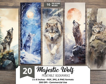 20 Majestic Wolf PRINTABLE Bookmarks, Digital Download Alaska Wildlife Wolf JPG Bookmark Set, PNG sublimation, bookish stocking stuffer gift
