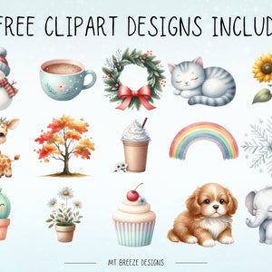 May include: A set of 15 free clipart designs featuring various illustrations, including a snowman, a cup of coffee, a wreath, a cat, a sunflower, a giraffe, a tree, a milkshake, a rainbow, a snowflake, a cactus, a flower, a cupcake, a puppy, and an elephant.