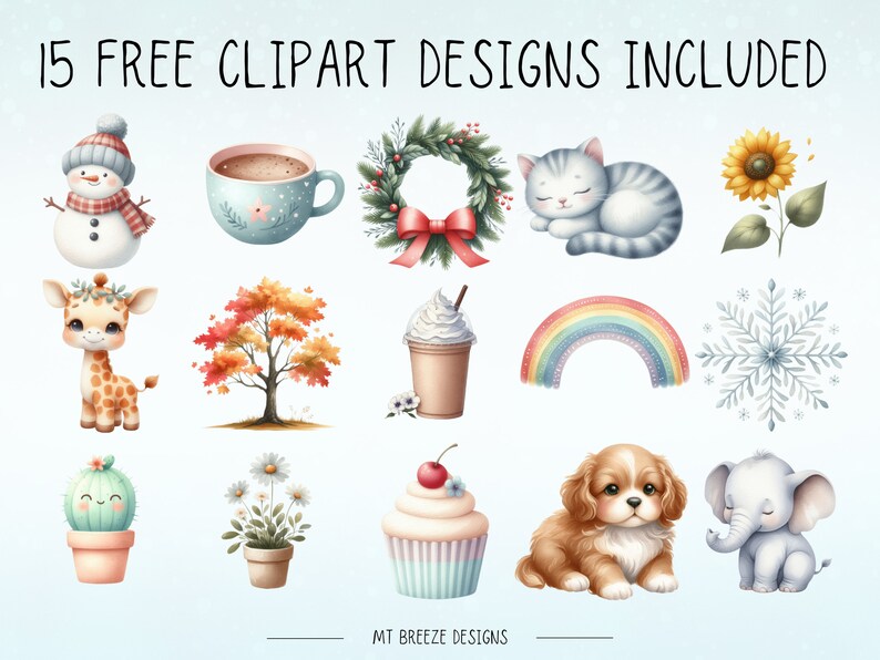 May include: A set of 15 free clipart designs featuring various illustrations, including a snowman, a cup of coffee, a wreath, a cat, a sunflower, a giraffe, a tree, a milkshake, a rainbow, a snowflake, a cactus, a flower, a cupcake, a puppy, and an elephant.
