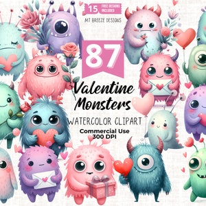 87 Conjunto de clipart de aquarela de monstros dos namorados, arquivos PNG de clipart de alienígena caprichoso fofo para fazer cartões infantis, artesanato em papel fofo, sublimação