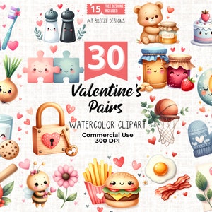 Ensemble de cliparts aquarelle de paires de la Saint-Valentin, fichiers PNG mignons Clip Art de la Saint-Valentin pour la fabrication de cartes pour les enfants, travaux manuels en papier, décoration de chambre d'enfant, sublimation