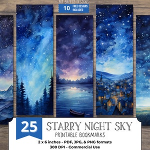25 Starry Night Sky PRINTABLE Bookmarks, Digital Download Celestial Galaxy JPG Bookmark Set, PNG sublimation, bookish stocking stuffer gift