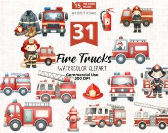 31 Set di clipart per camion dei pompieri - Autopompa antincendio e file PNG Clip Art dei vigili del fuoco per la realizzazione di cartoline, decorazioni per la cameretta dei ragazzi, artigianato con la carta, sublimazione