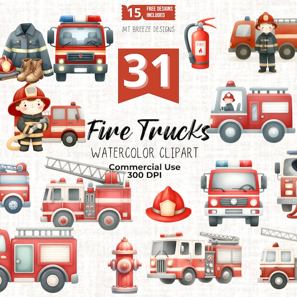 31 Fire Trucks Clipart Set - Fire Engine and Fire Fighter Clip Art PNG files for card making, boy nursery decor, paper crafts, sublimation