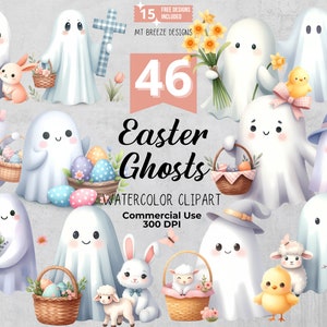 Puede incluir: Un conjunto de 46 imágenes de clipart de acuarela que representan fantasmas de Pascua con diversas expresiones y accesorios, incluyendo cestas, huevos, flores, conejos, corderos y pollitos. Las imágenes son perfectas para crear manualidades, tarjetas y decoraciones con temática de Pascua.
