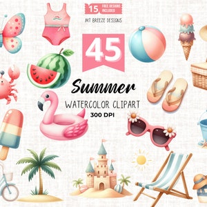 45 Summer Clipart Set - Lindos archivos PNG de imágenes prediseñadas de vacaciones en la playa para niños, artesanías de papel de verano, decoración de viveros oceánicos, sublimación