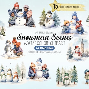 Schneemann Szenen Aquarell Clipart Set - hochauflösende Weihnachtsclip Art PNG Dateien von Kindern die einen Schneemann und Schneemann Winterlandschaften bauen