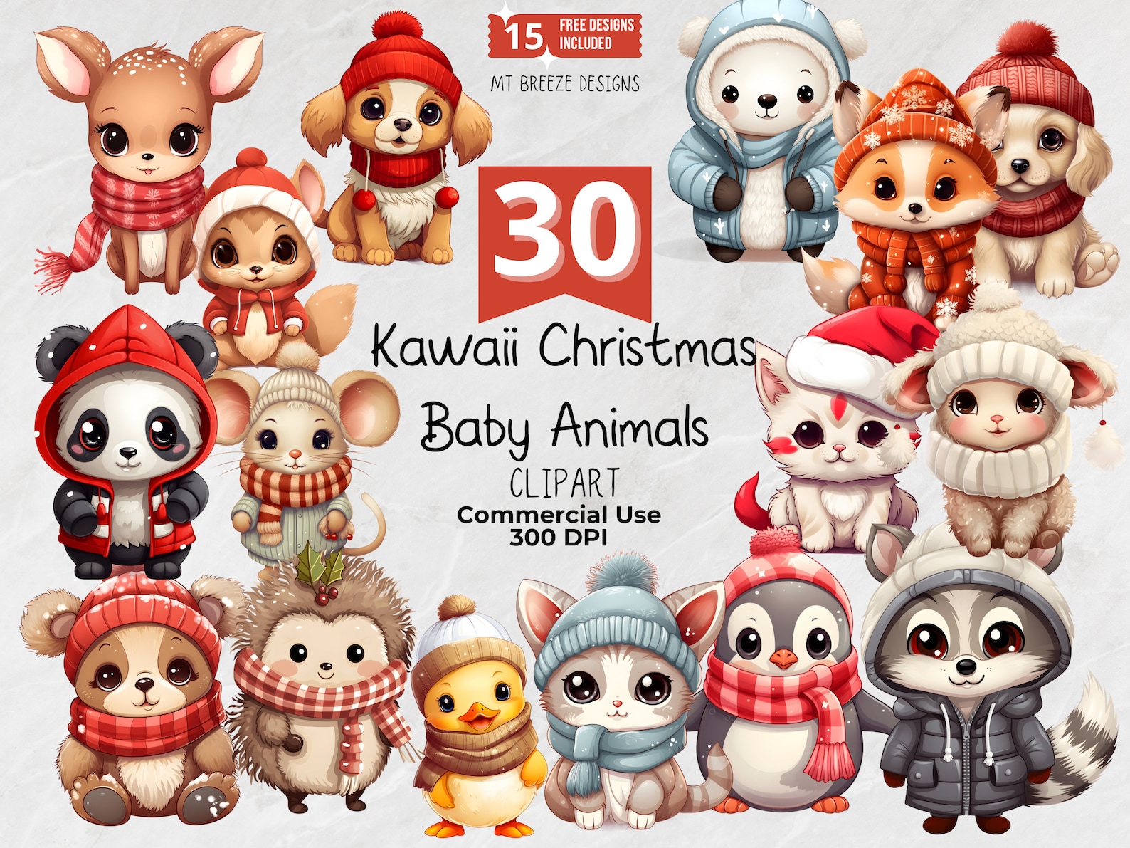 30 Kawaii Christmas Baby Animals Clipart Set - High Resolution Cute ...