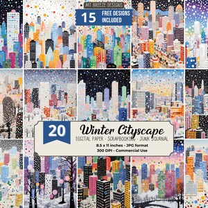 Ensemble de 20 papiers numériques paysage urbain d'hiver, fond de ville urbaine enneigée, téléchargement du journal indésirable JPG, papier de scrapbooking hiver, lettre US verticale