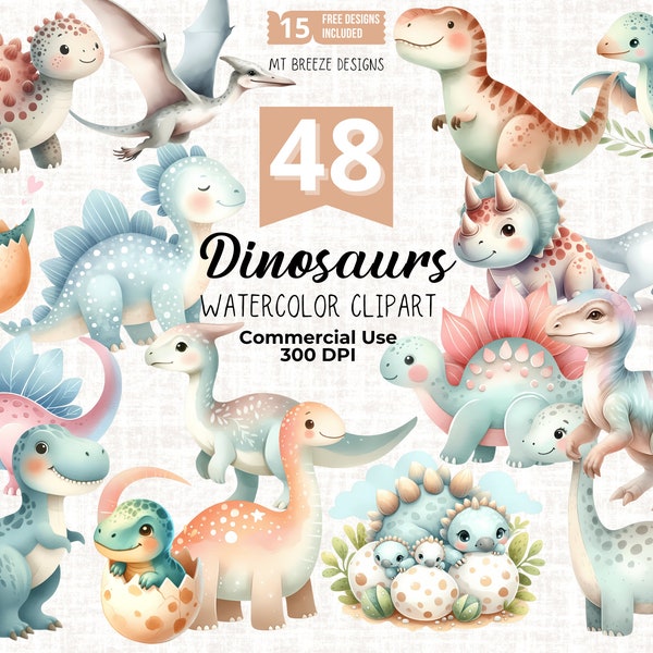 48 Dinosaurs Clipart Set - Alta resolución lindo bebé Dino acuarela Clip Art archivos PNG para la fabricación de tarjetas, artesanías de papel, sublimación, guardería