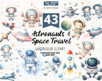 May include: Watercolour clipart set of 43 astronauts and space travel illustrations. The set includes astronauts in spacesuits, spaceships, planets, stars, and a UFO. The illustrations are in a cute cartoon style and are perfect for creating invitations, cards, and other crafts.