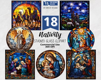 18 Stained Glass Nativity Clipart Set - High Resolution Christmas Bible Clip Art PNG files for holiday card making, paper craft, sublimation