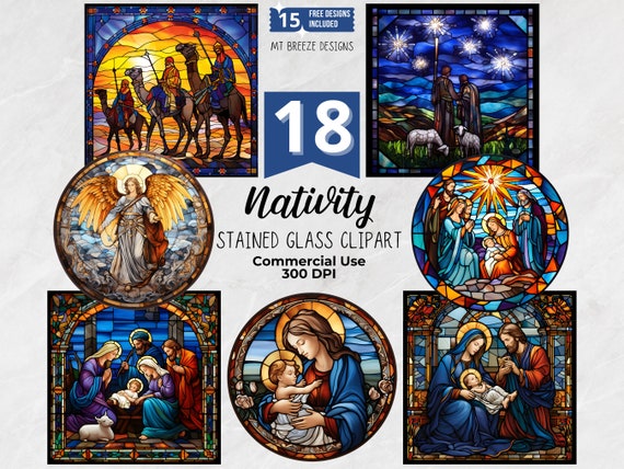 18 Stained Glass Nativity Clipart Set - High Resolution Christmas Bible Clip Art PNG files for holiday card making, paper craft, sublimation