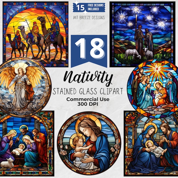18 Vitraux Nativité Clipart Set - Fichiers PNG haute résolution Christmas Bible Clip Art pour la fabrication de cartes de vacances, l’artisanat en papier, la sublimation