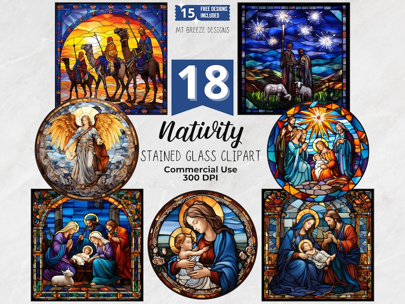 May include: A set of 18 stained glass Nativity scene clipart images. The images feature traditional Nativity scenes with angels, shepherds, and the Holy Family. The images are perfect for use in crafts, scrapbooking, and other creative projects.